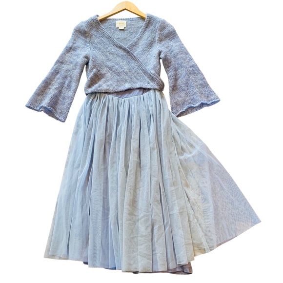 Anthropologie Maeve Arabesque Blue Tulle Layered Mohair Sweater Midi Dress XSP - Picture 4 of 10